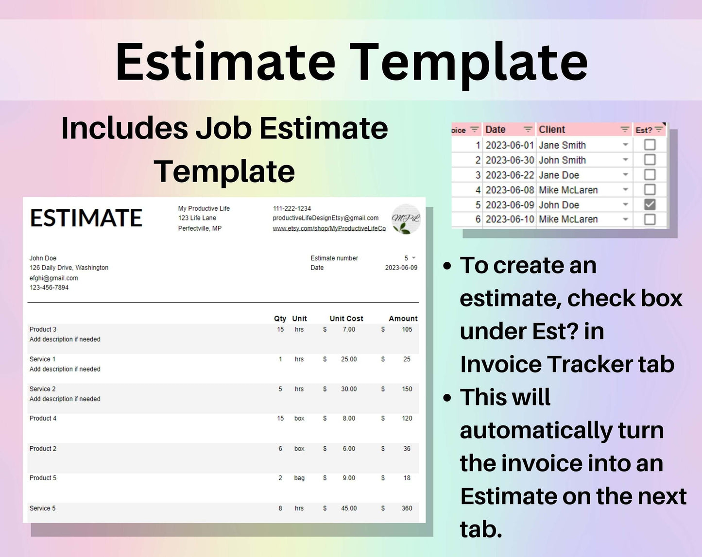 Invoice Generator & Tracker Google Sheets Automated Invoice Template Small Business Invoice Manager Spreadsheet Payment Tracker Job Estimate