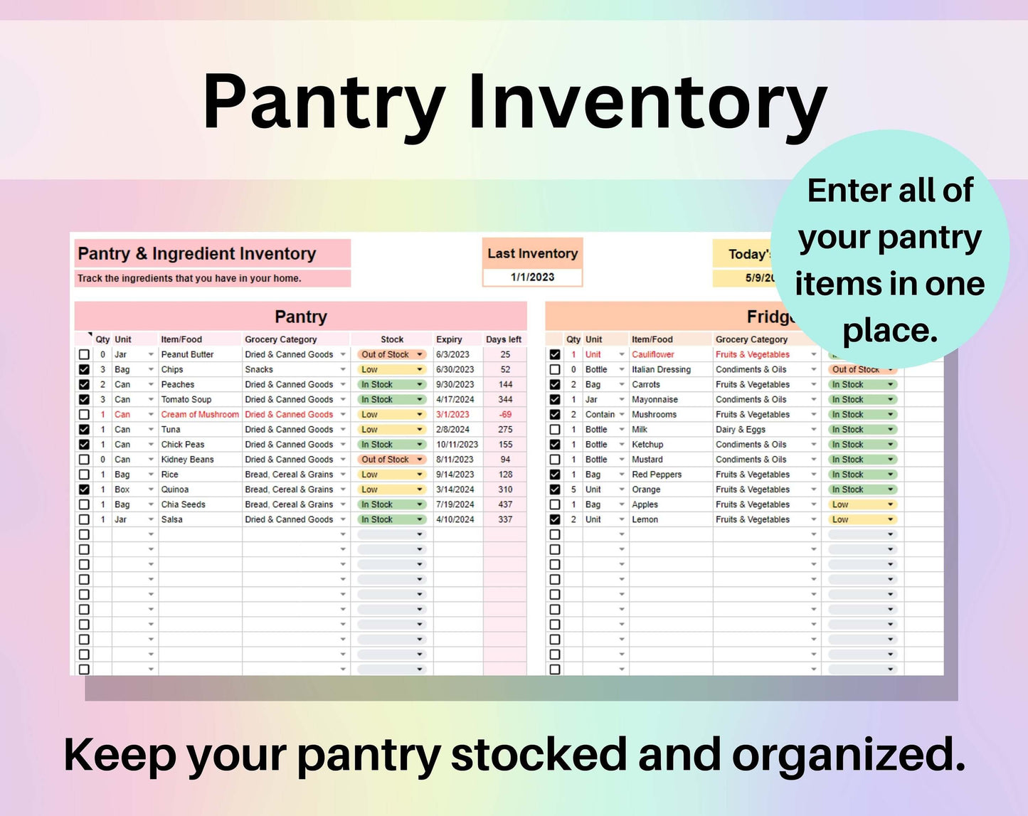 Pantry Inventory Tracker Spreadsheet Google Sheets Excel Food Inventory Checklist Automatic Shopping Grocery List Freezer Spice Kitchen