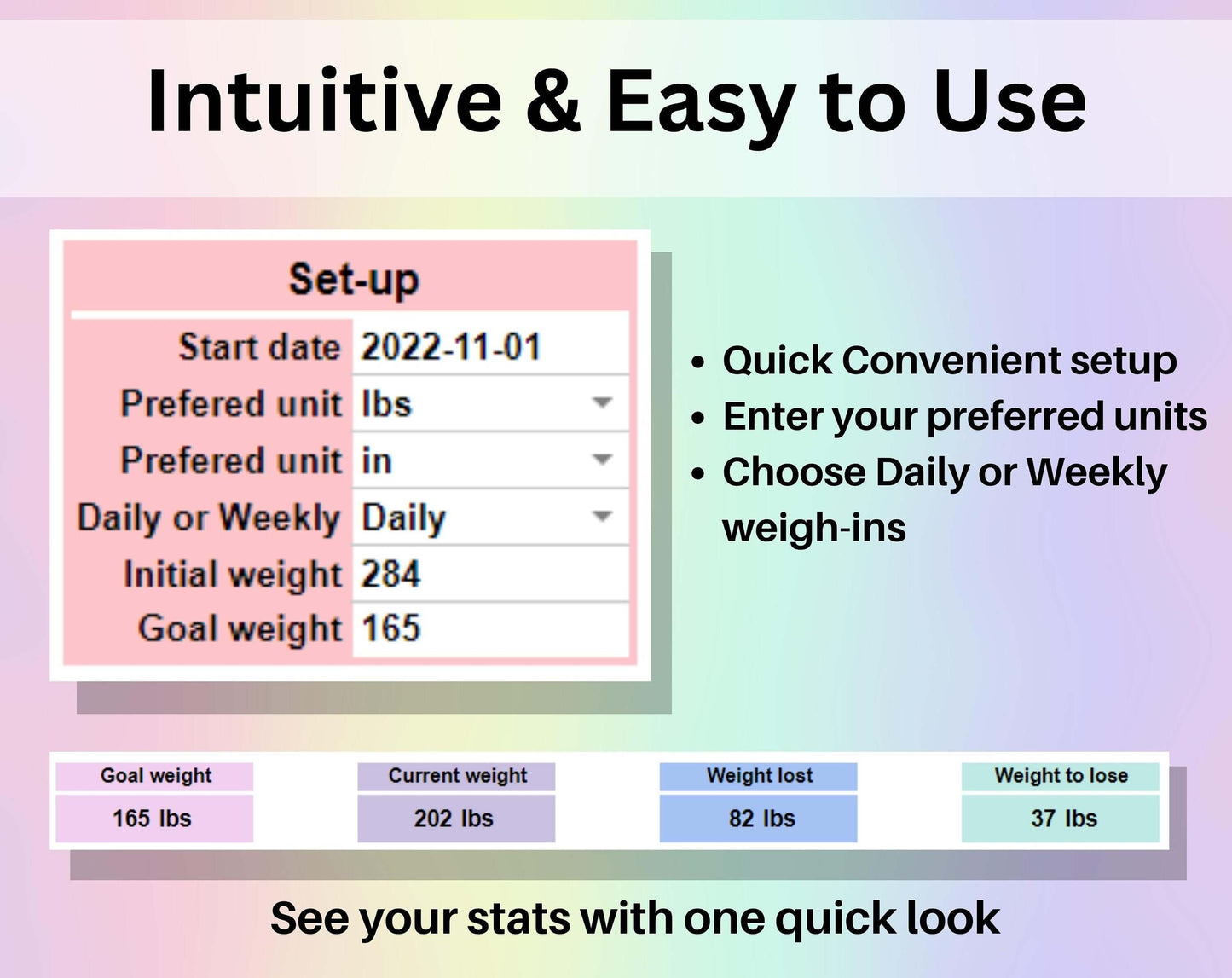 Weight Loss Tracker Spreadsheet Google Sheets Excel Weight Tracker Daily Weekly Diet Weigh-in Chart Weight Loss Journal Health and Wellness
