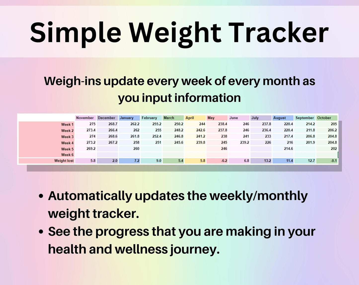 Weight Loss Tracker Spreadsheet Google Sheets Excel Weight Tracker Daily Weekly Diet Weigh-in Chart Weight Loss Journal Health and Wellness