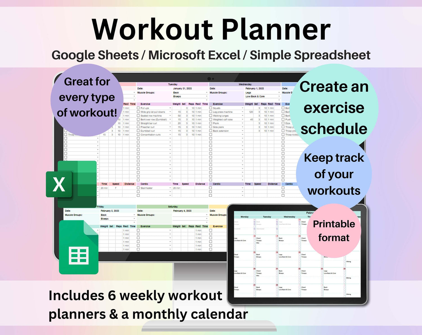 Workout Planner Spreadsheet Google Sheets Excel Exercise Tracker Gym Checklist Fitness Template Weightlifting Strength Training Pilates
