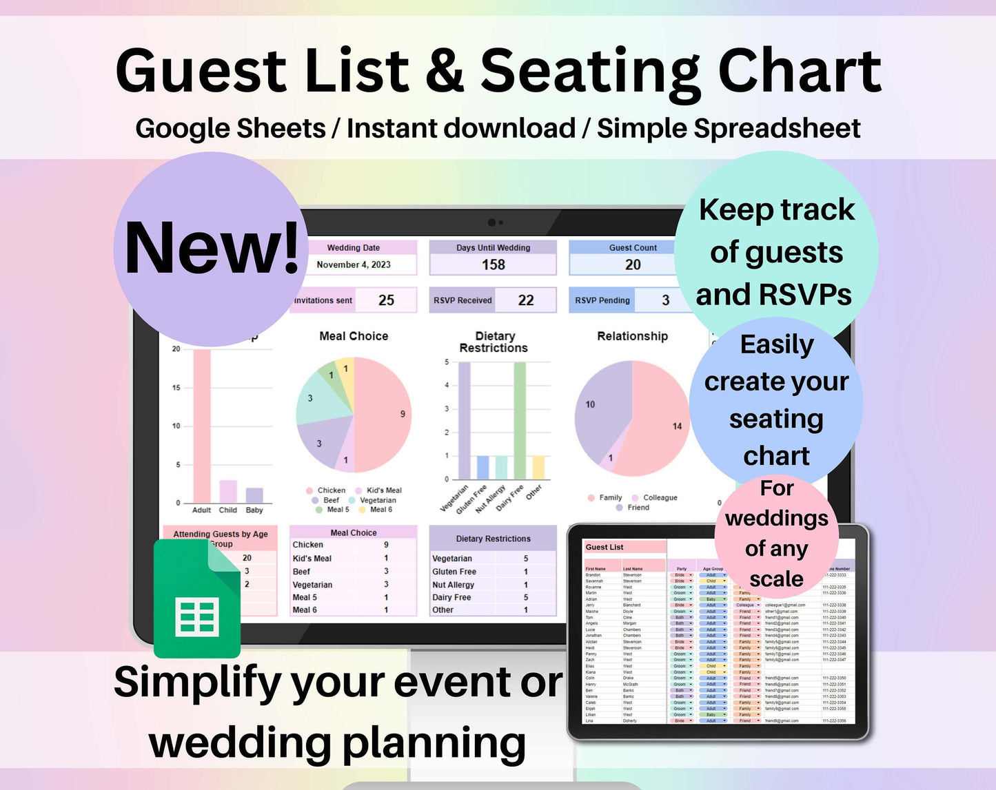 Wedding Guest List & Seating Chart Spreadsheet Google Sheets Wedding Planner Guest Dashboard and Tracker Digital Wedding Tables Number List