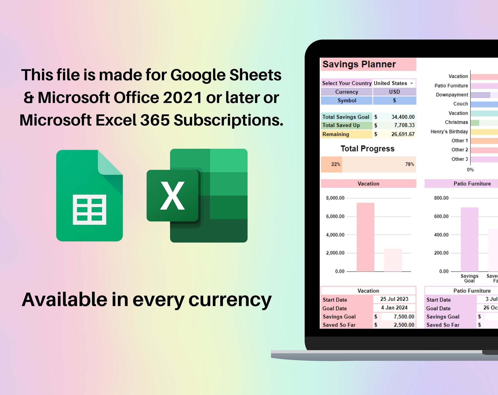 Savings Planner Template Reach Your Financial Goals Tracker Spreadsheet Google Sheets Excel Digital Savings Calculator Saving Fund Worksheet