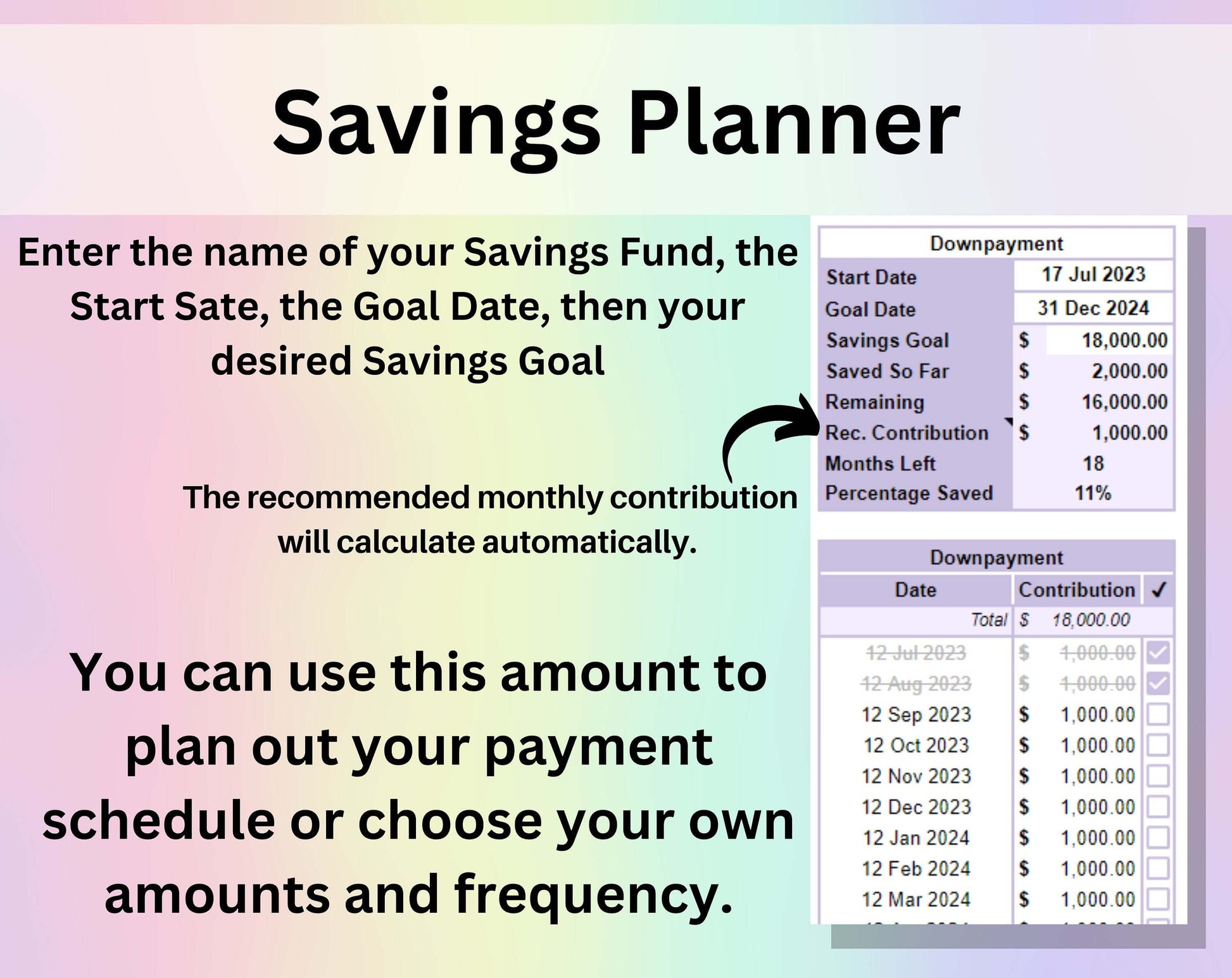 Savings Planner Template Reach Your Financial Goals Tracker Spreadsheet Google Sheets Excel Digital Savings Calculator Saving Fund Worksheet