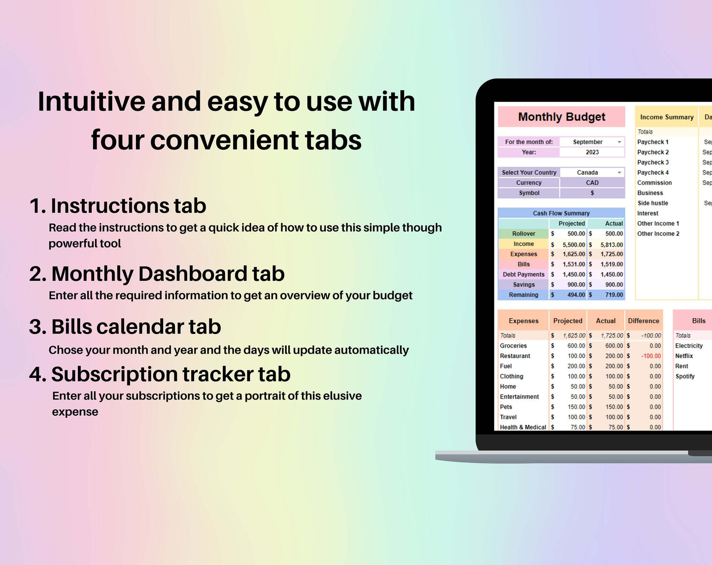 Monthly Budget Spreadsheet Google Sheets Excel Template Digital Financial Planner Beginners Personal Finance Worksheet Subscription Tracker