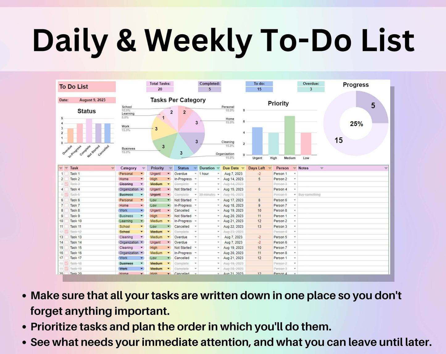 To-Do List Template Spreadsheet Google Sheets Excel Weekly & Daily Task Tracker Digital Productivity Planner To Do List Checklist Brain Dump