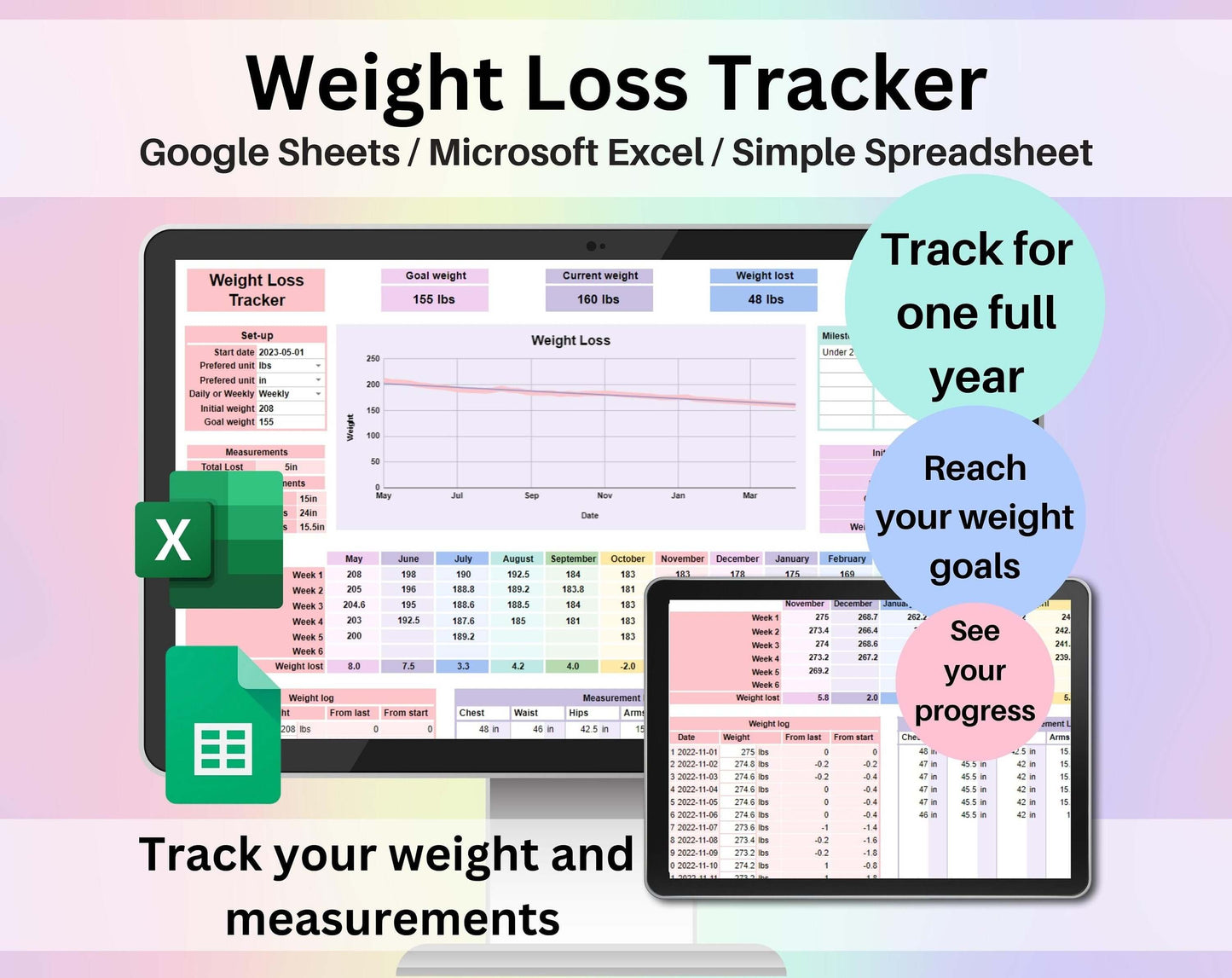 Weight Loss Tracker Spreadsheet Google Sheets Excel Weight Tracker Daily Weekly Diet Weigh-in Chart Weight Loss Journal Health and Wellness
