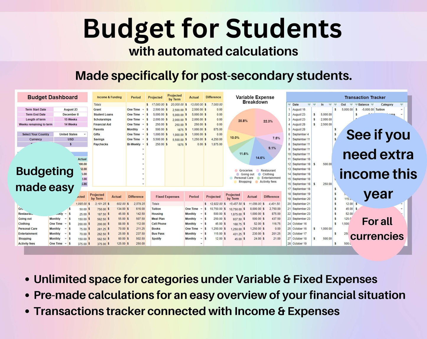 Budget for Students Spreadsheet Google Sheets Excel Template Digital Academic Financial Planner College University Finance Tracker Worksheet