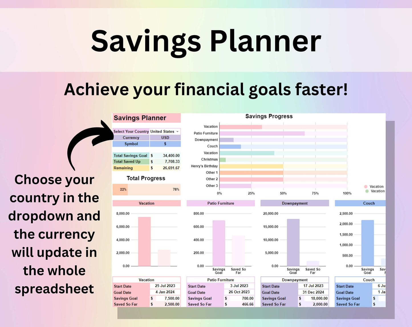 Savings Planner Template Reach Your Financial Goals Tracker Spreadsheet Google Sheets Excel Digital Savings Calculator Saving Fund Worksheet