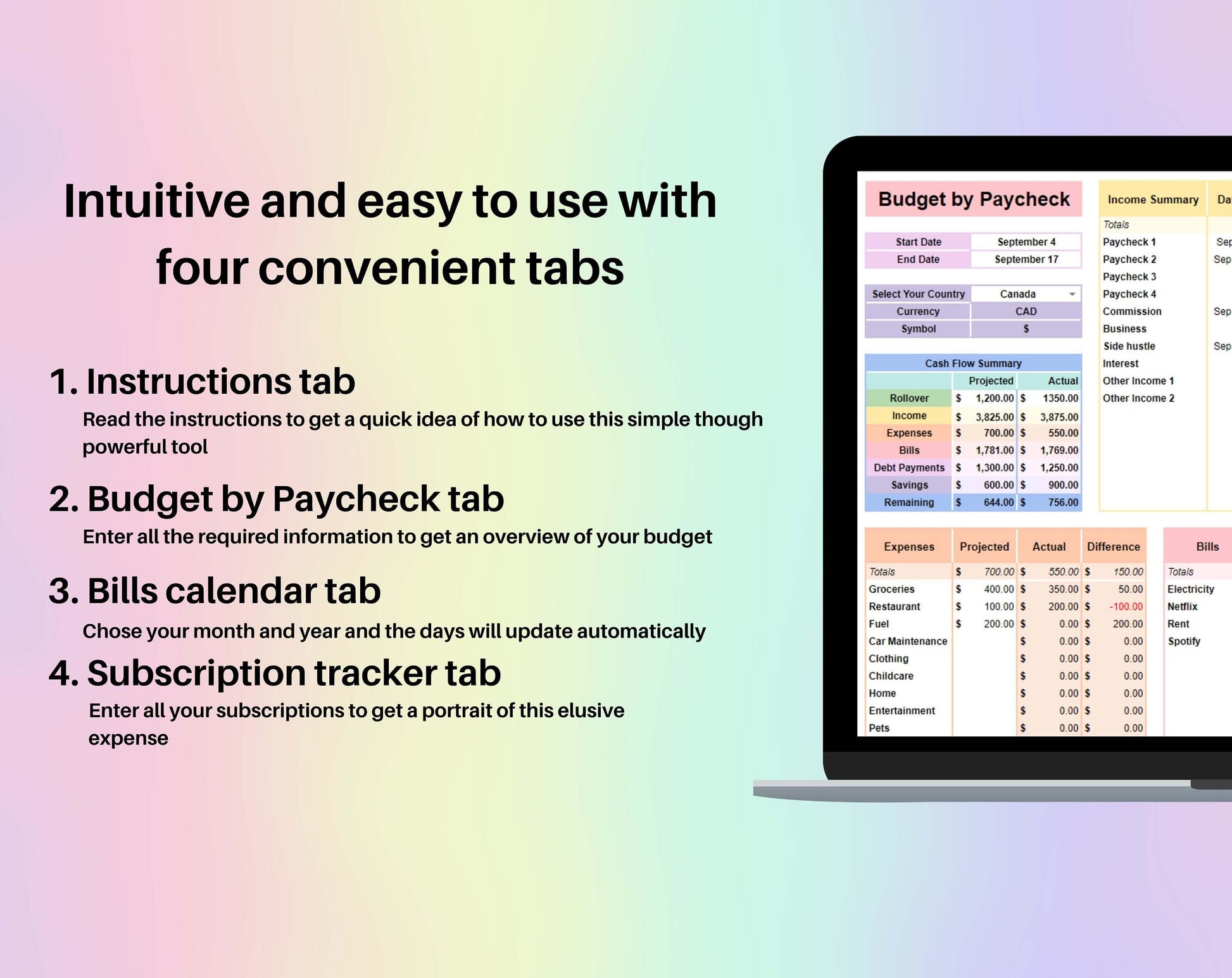 Simple Budget by Paycheck Spreadsheet Google Sheets Excel Template Weekly Biweekly Financial Planner Debt Snowball Subscription Tracker