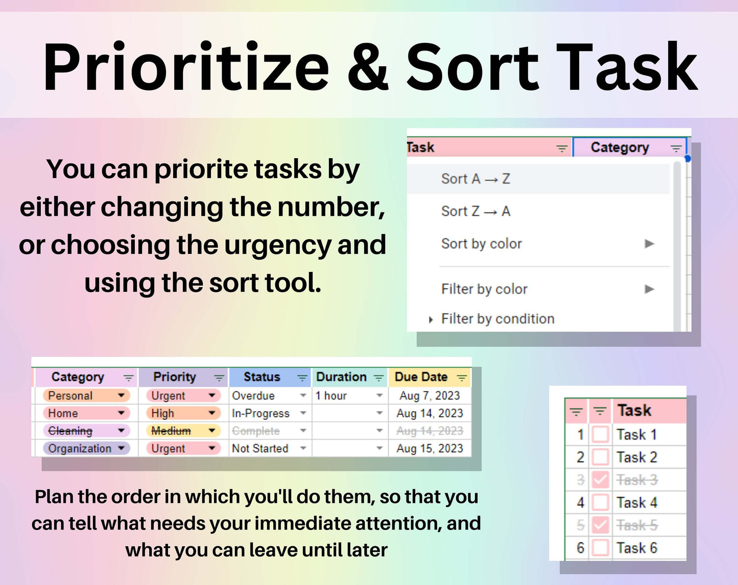 To-Do List Template Spreadsheet Google Sheets Excel Weekly & Daily Task Tracker Digital Productivity Planner To Do List Checklist Brain Dump