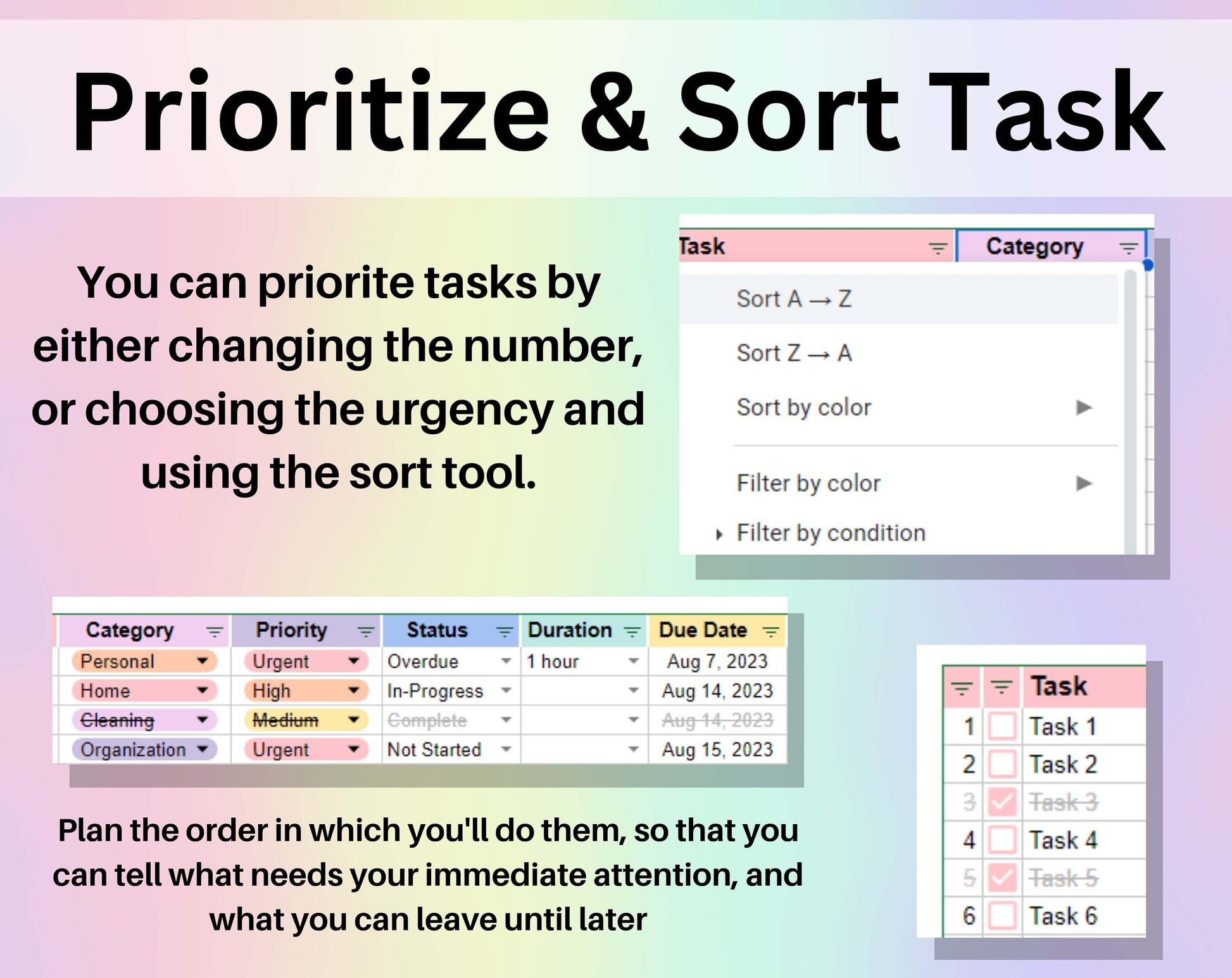 To-Do List Template Spreadsheet Google Sheets Excel Weekly & Daily Task Tracker Digital Productivity Planner To Do List Checklist Brain Dump