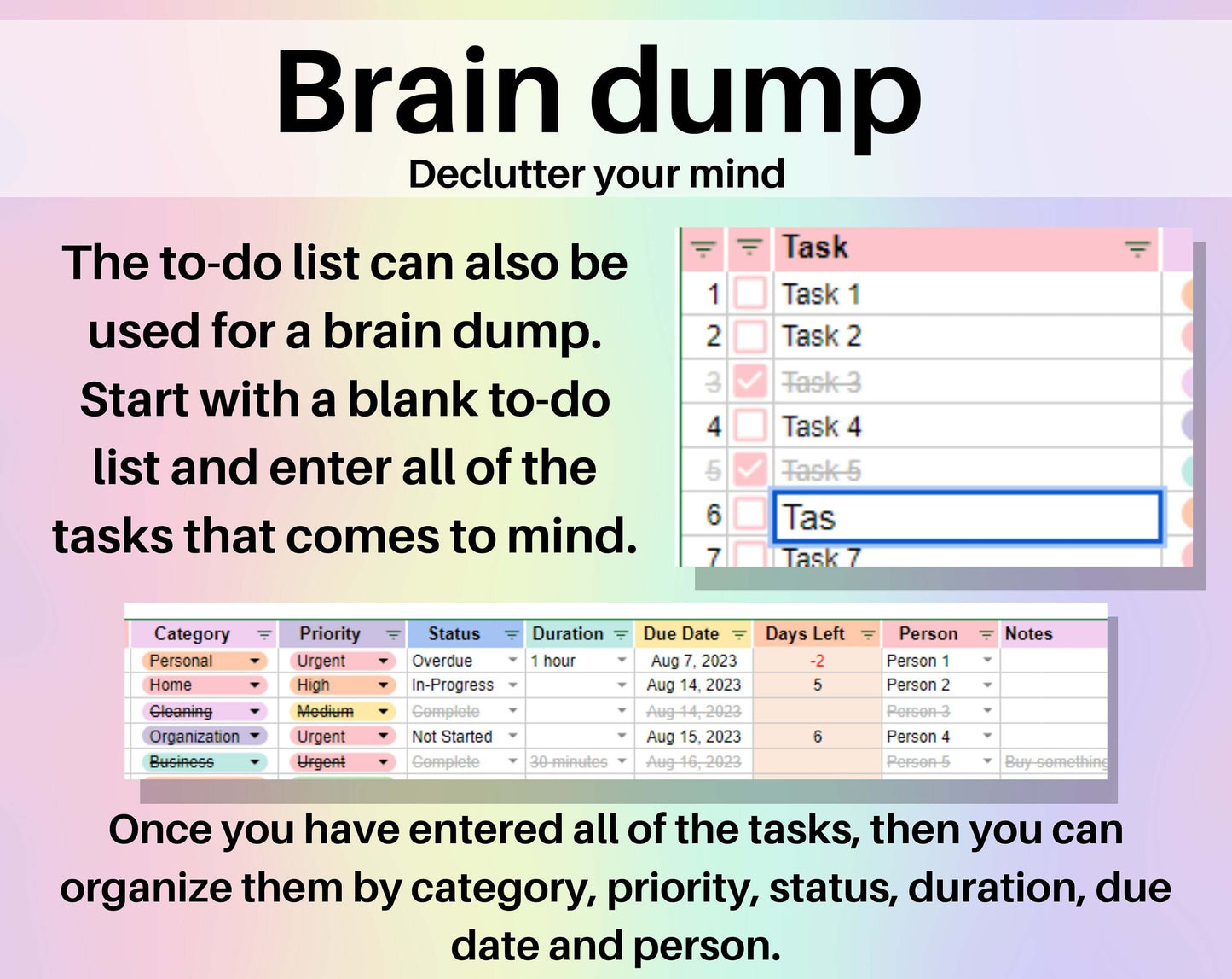 To-Do List Template Spreadsheet Google Sheets Excel Weekly & Daily Task Tracker Digital Productivity Planner To Do List Checklist Brain Dump