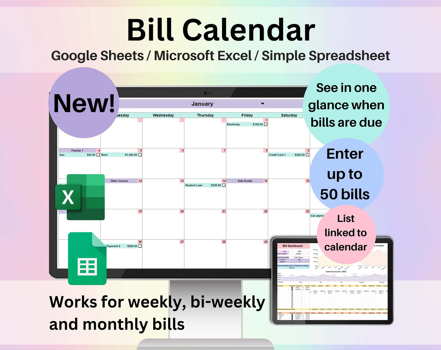 Bill Calendar Spreadsheet Google Sheets Excel Monthly Calendar Debt & Bill Payment Checklist Personal Finance Income Tracker Digital Planner