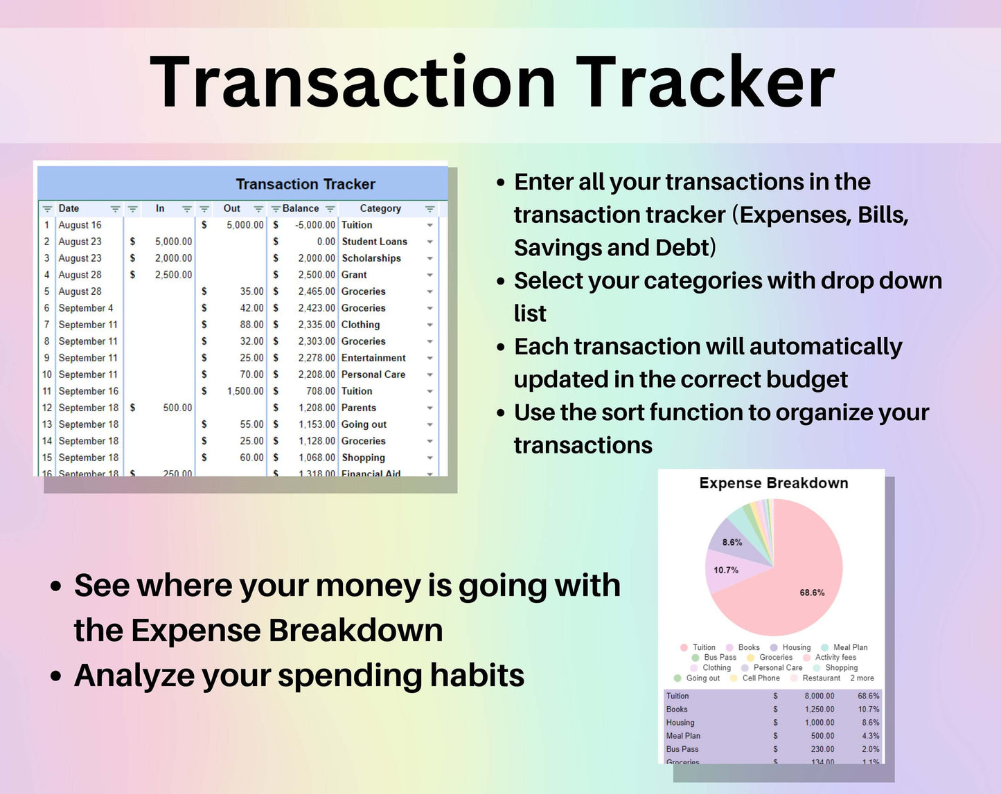 Budget for Students Spreadsheet Google Sheets Excel Template Digital Academic Financial Planner College University Finance Tracker Worksheet