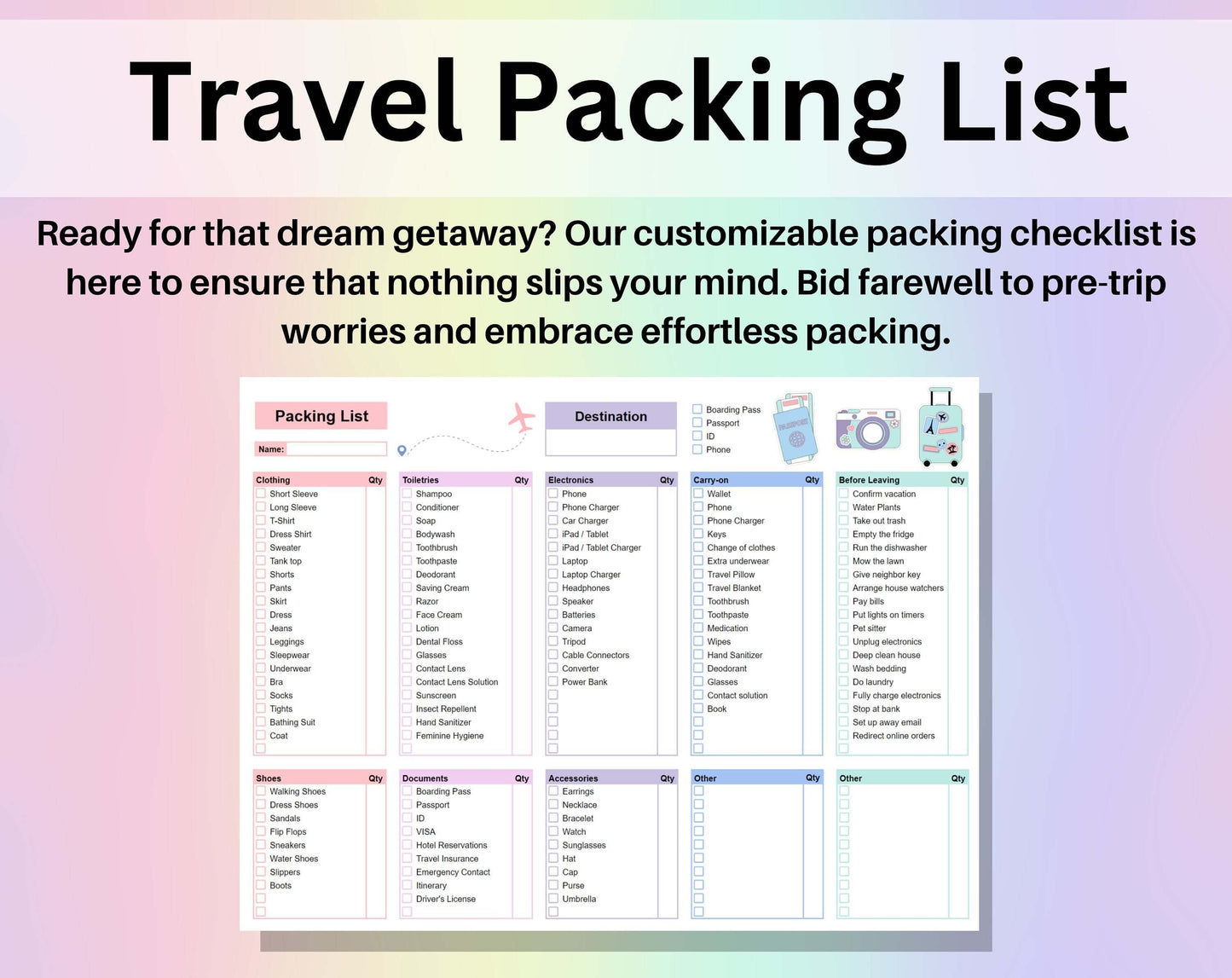 Packing List Template Spreadsheet Editable Google Sheets Excel PDF Printable Pre Vacation To Do List Travel Packing Checklist Travel Planner