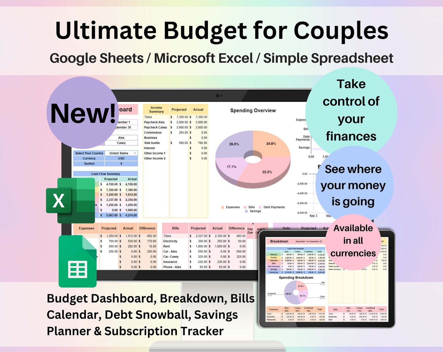 Ultimate Budget for Couples Spreadsheet Google Sheets Excel Template Biweekly Monthly Financial Planner Debt Snowball Subscription Tracker
