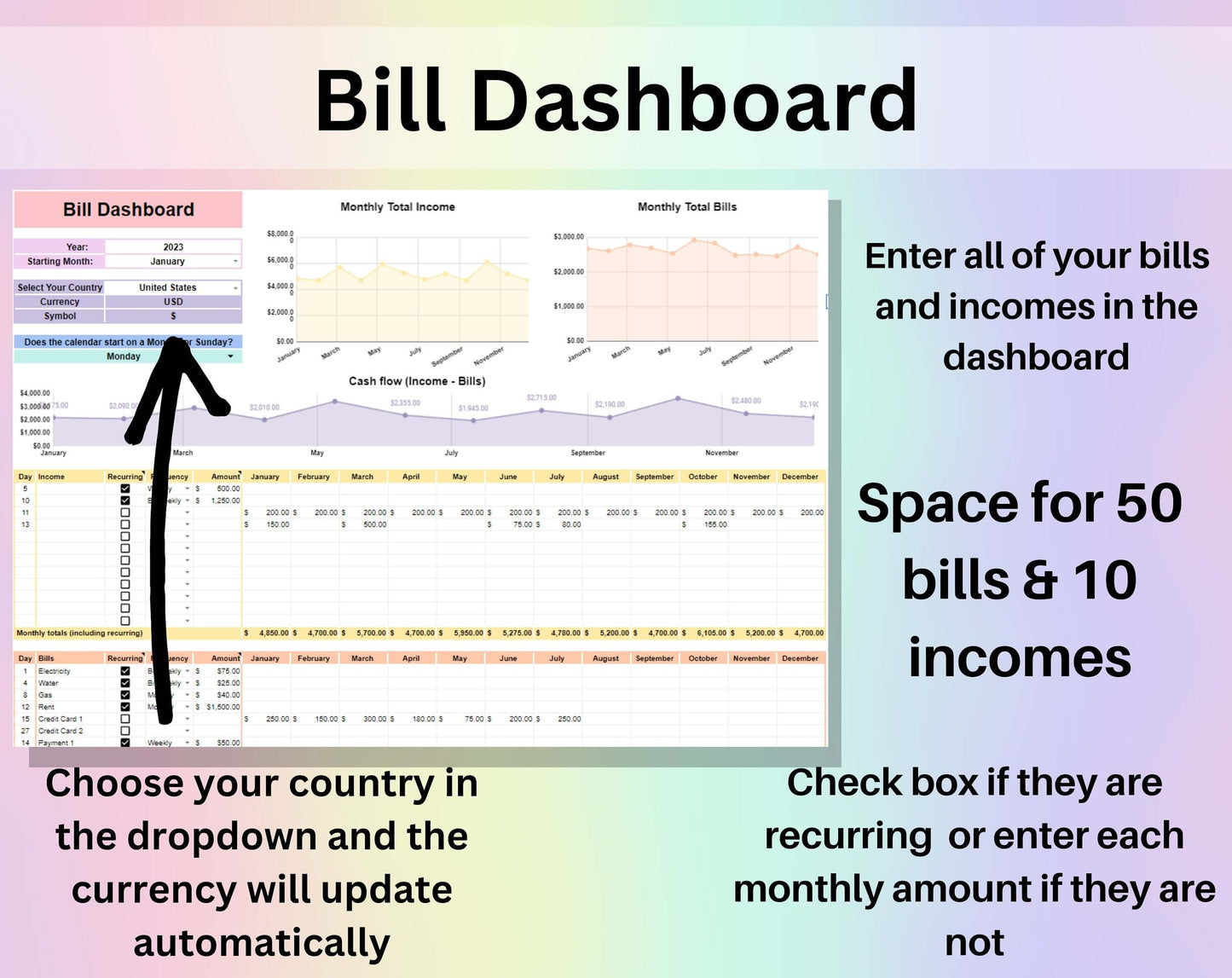 Bill Calendar Spreadsheet Google Sheets Excel Monthly Calendar Debt & Bill Payment Checklist Personal Finance Income Tracker Digital Planner