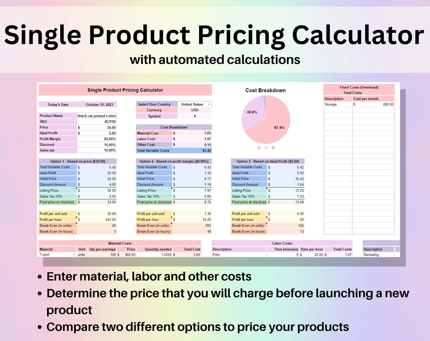 Product Pricing Calculator Google Sheets Excel Template Small Business Spreadsheet Single & Multiple Product Profit Margin Markup Break Even