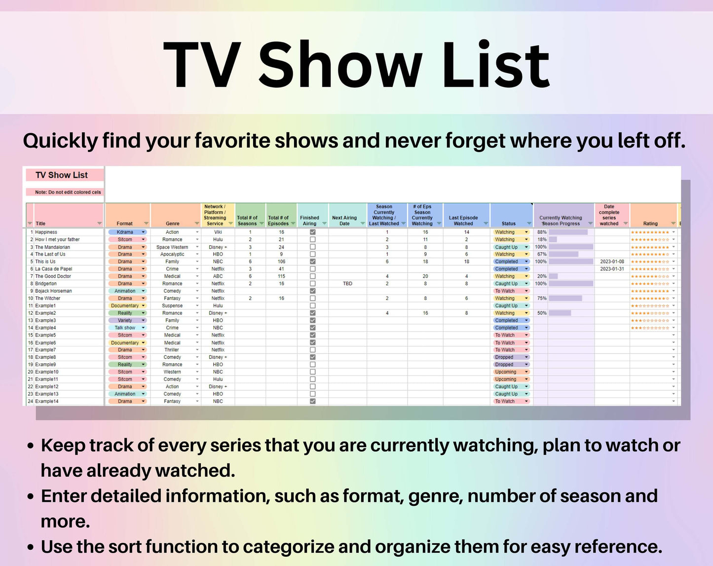 TV Show Tracker Spreadsheet Google Sheets Excel Television Series Tracker Dashboard To be Watched Title Watch Schedule Sitcom List Tracker