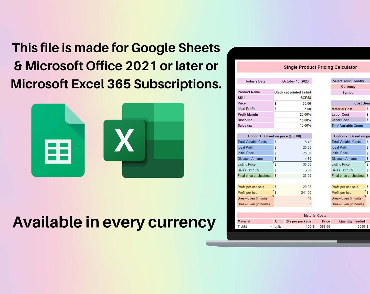 Product Pricing Calculator Google Sheets Excel Template Small Business Spreadsheet Single & Multiple Product Profit Margin Markup Break Even