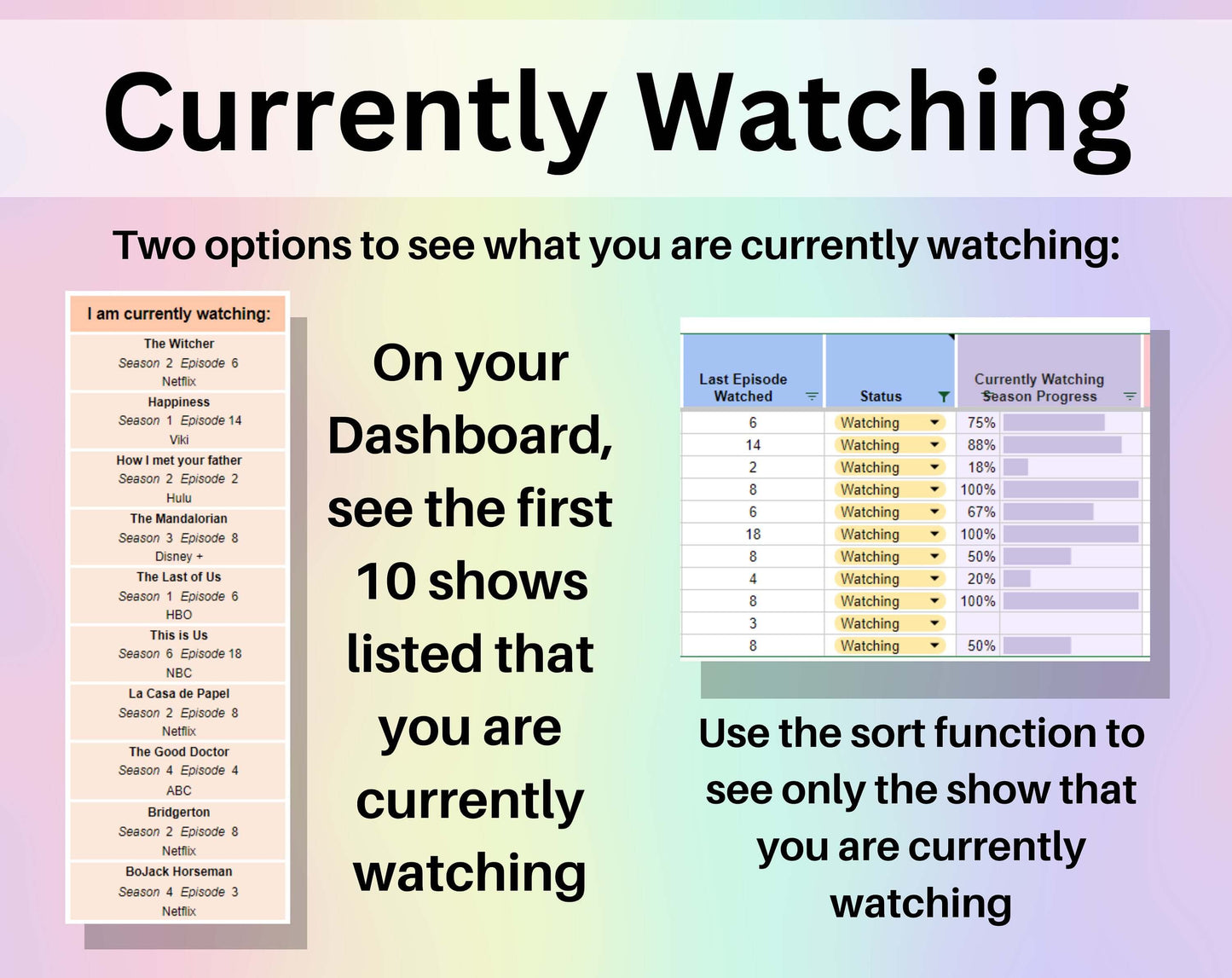 TV Show Tracker Spreadsheet Google Sheets Excel Television Series Tracker Dashboard To be Watched Title Watch Schedule Sitcom List Tracker