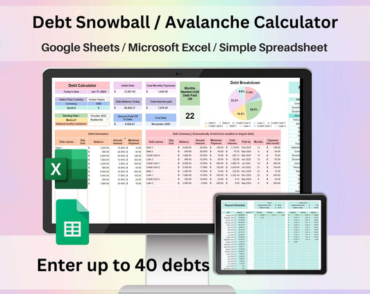 Debt Snowball / Avalanche Calculator Spreadsheet Google Sheets and Excel Template