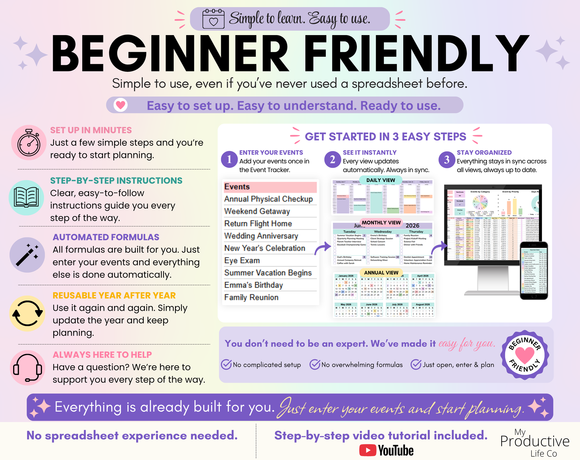 Beginner-friendly overview showing step-by-step instructions, YouTube tutorial, automated formulas and reusable yearly planning. Includes three easy steps for getting started.
