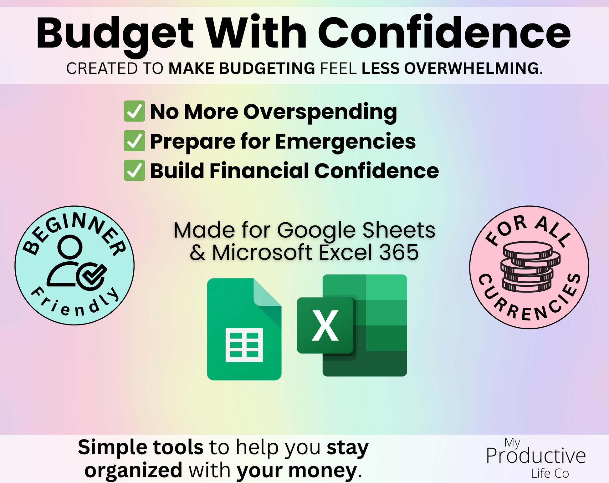 Lifestyle-focused budgeting slide with beginner-friendly messaging about avoiding overspending, preparing for emergencies, and building financial confidence. Includes Google Sheets and Excel compatibility, beginner-friendly badge, and support for all currencies.