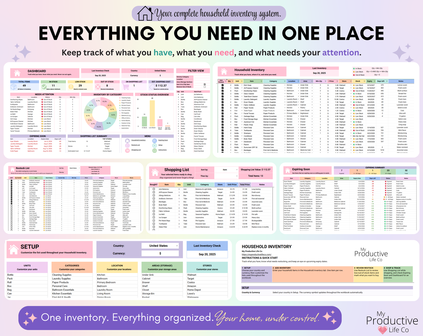 Complete Household Inventory Spreadsheet showing the dashboard, master inventory, restock list, shopping list, expiring soon tracker, setup page and instructions in one organized system.