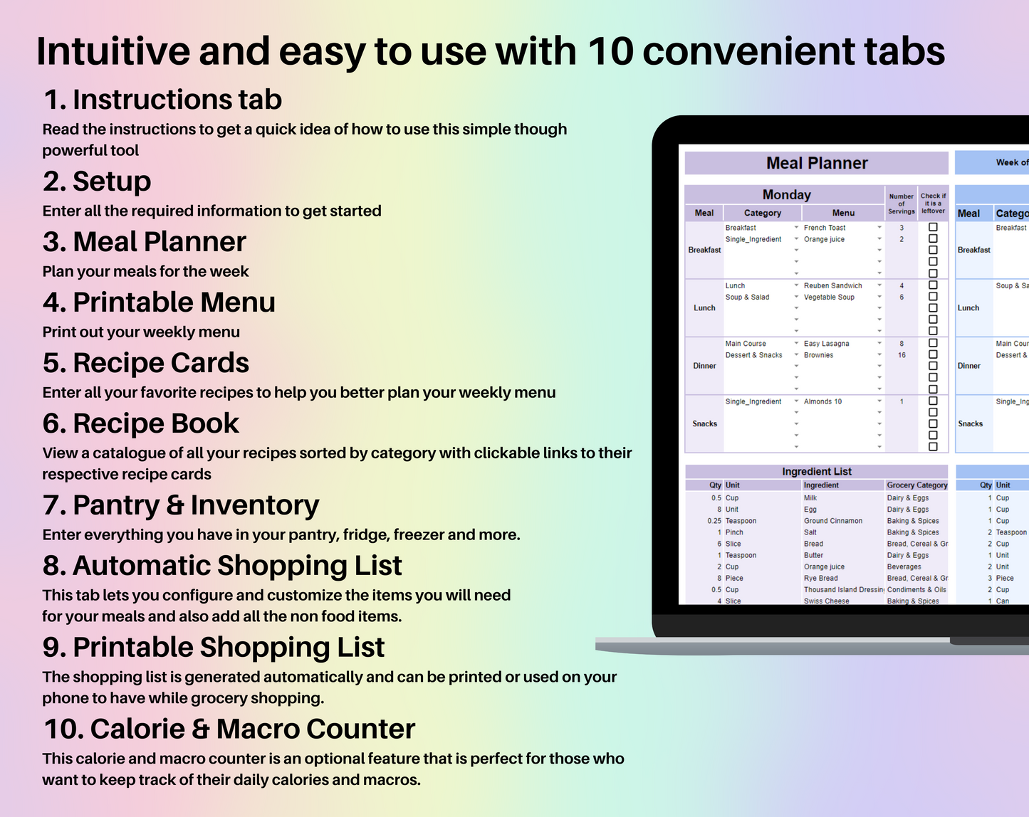 Weekly Meal Planner Spreadsheet Google Sheets and Excel Template