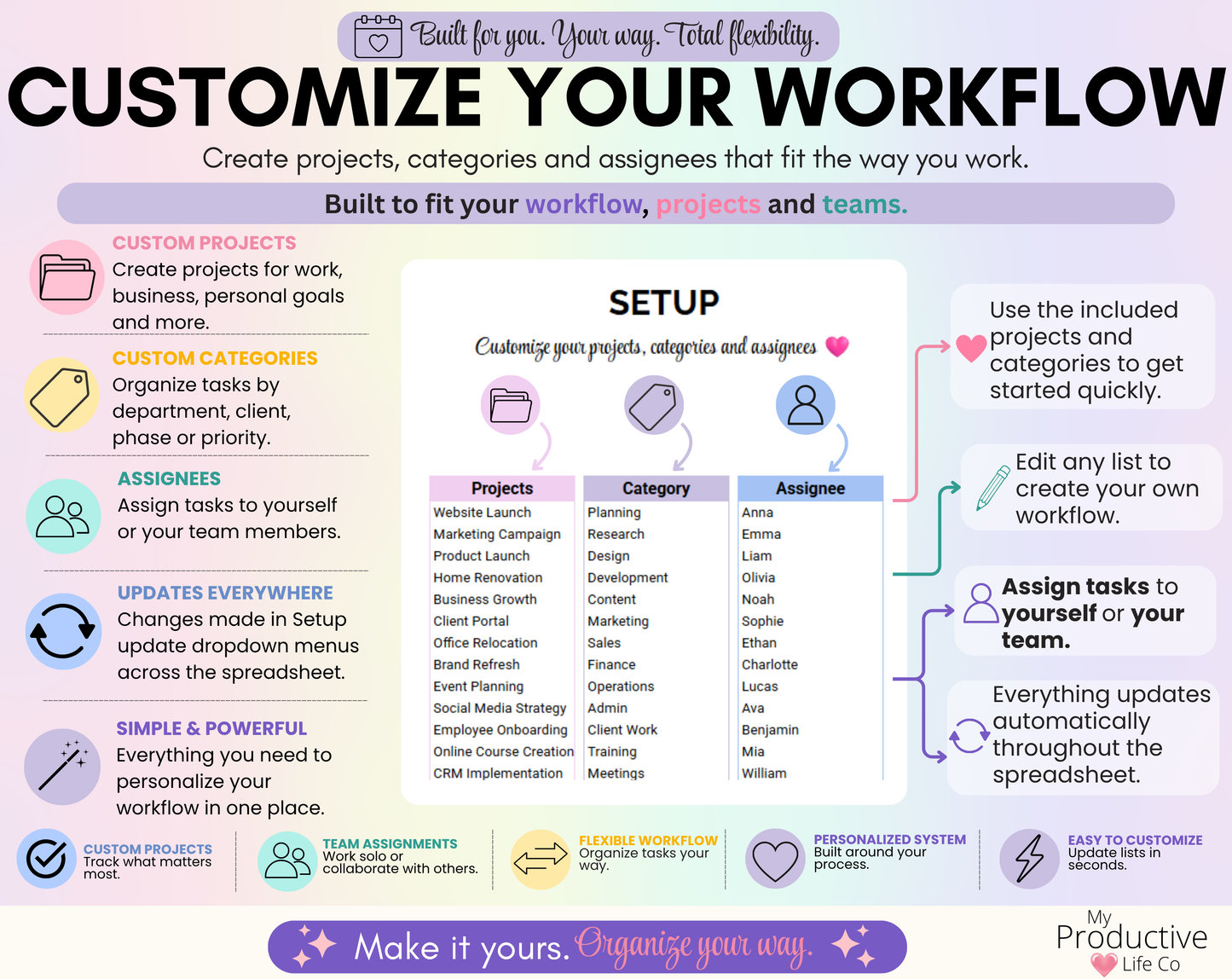 Setup tab showing customizable projects, categories, assignees, dropdown lists, and workflow settings. Designed to help users personalize the spreadsheet for business projects, personal goals, teams, and custom planning systems.