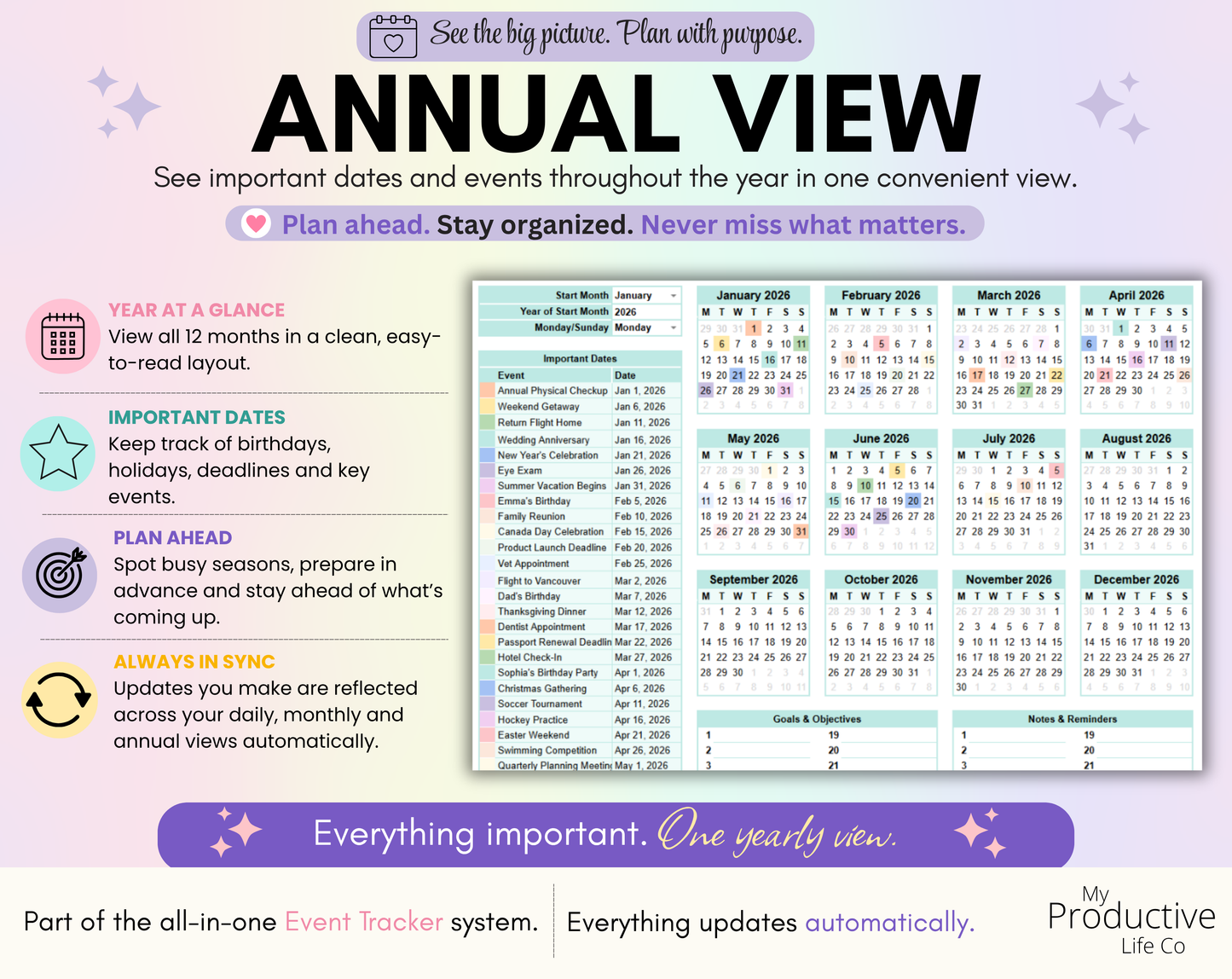 Year-at-a-glance calendar displaying all twelve months with important dates and recurring tasks. Designed for long-term planning and tracking deadlines throughout the year.