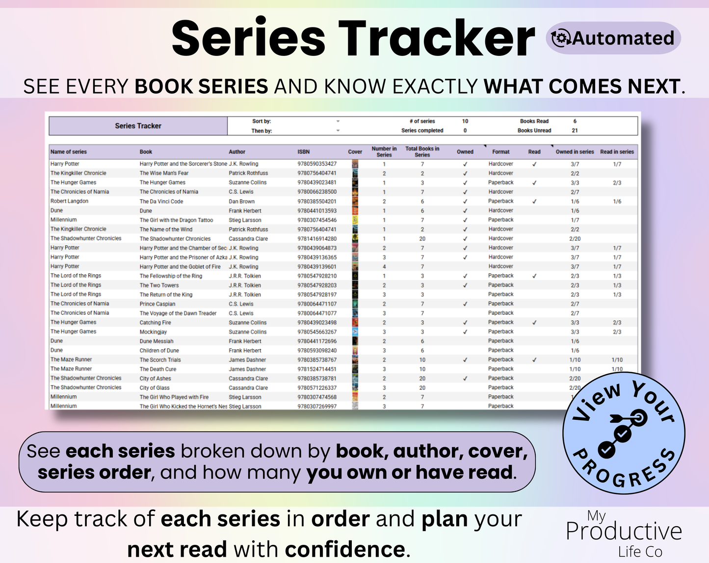 Book Tracker & Reading List Spreadsheet Google Sheets and Excel Book Template