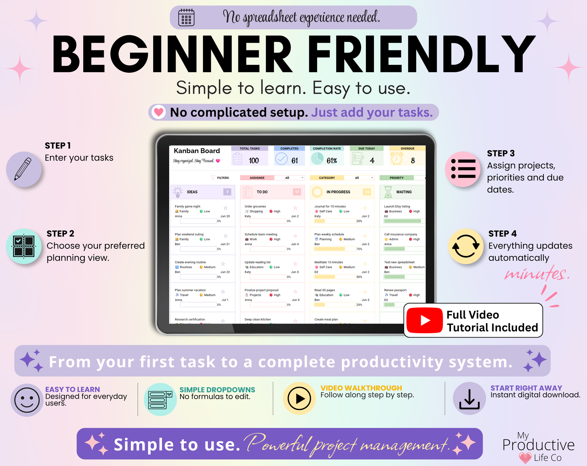 Step-by-step overview showing how to start using the Ultimate Task Tracker by entering tasks, choosing planning views, assigning projects and priorities, and letting everything update automatically. Includes YouTube tutorial information.
