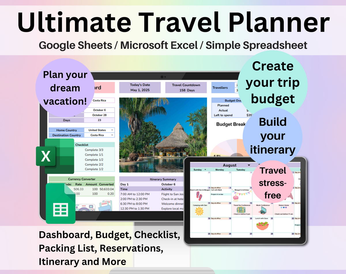 Travel Planner Spreadsheet for Google Sheets & Excel | Vacation Organizer