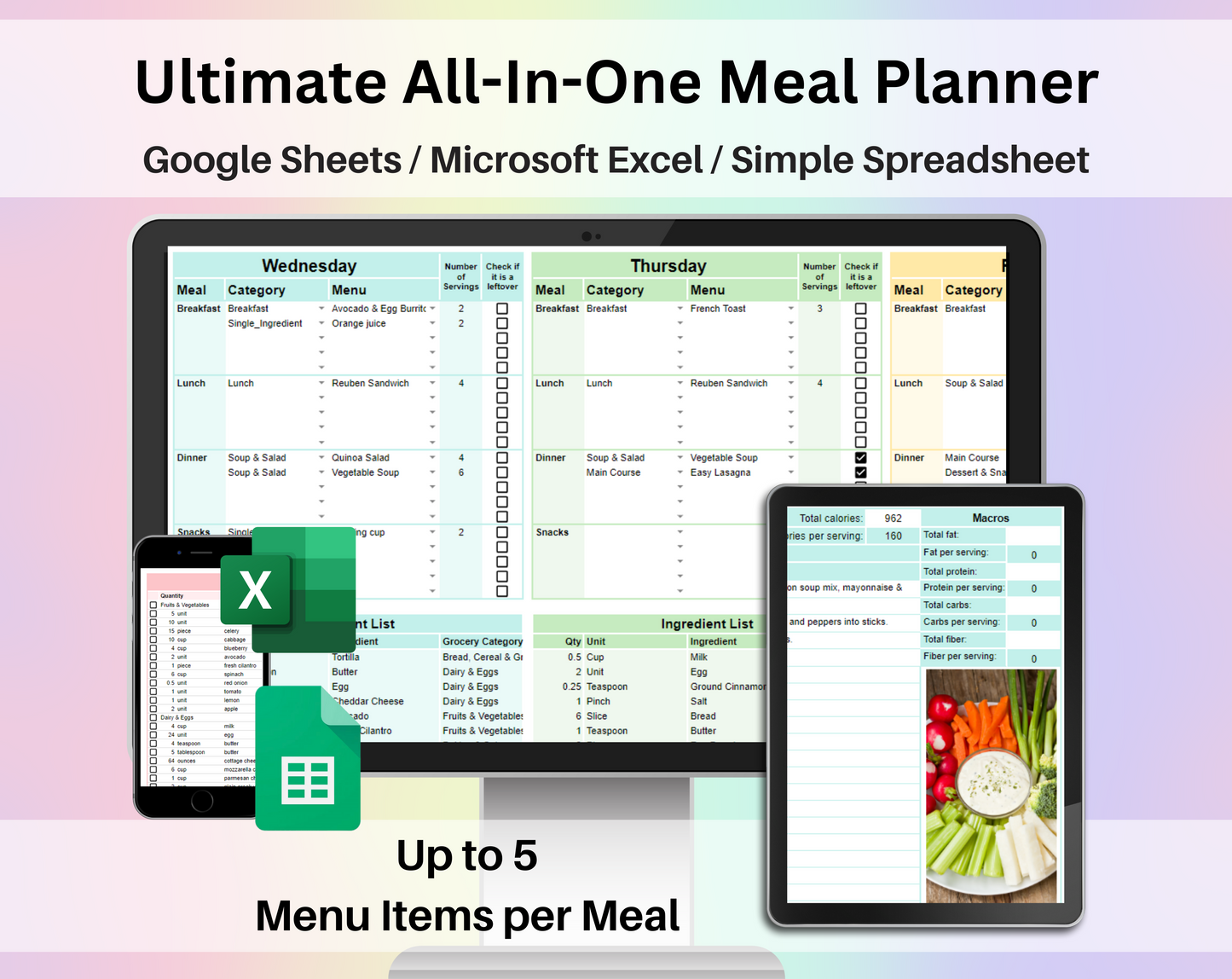 Weekly Meal Planner Spreadsheet Google Sheets and Excel Template