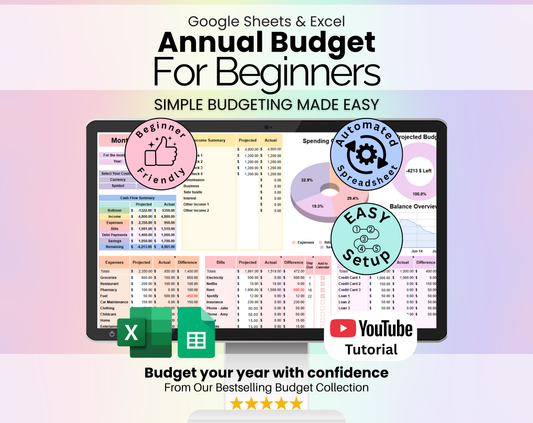 Annual Budget for Beginners spreadsheet shown on a laptop screen with pastel budgeting charts, monthly budget sections, and dashboard visuals. Badges highlight Beginner Friendly, Automated Spreadsheet, and Easy Setup. Google Sheets and Excel logos shown with a YouTube tutorial mention and beginner budgeting messaging.