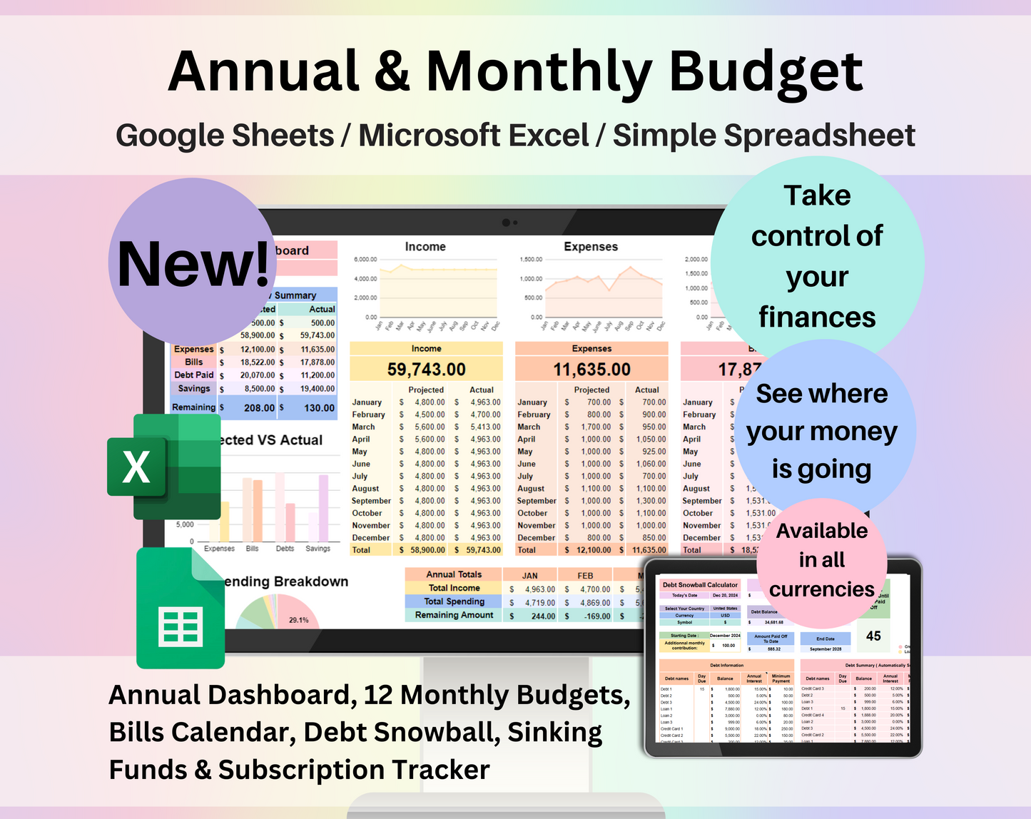 Annual & Monthly Budget Spreadsheet - Google Sheets & Excel Template for Personal Finance