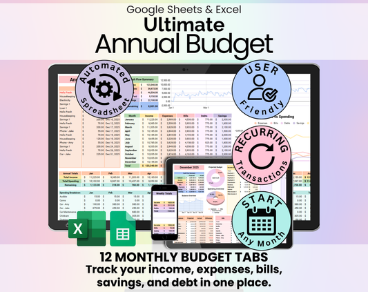 Annual & Monthly Budget Spreadsheet - Google Sheets & Excel Template for Personal Finance