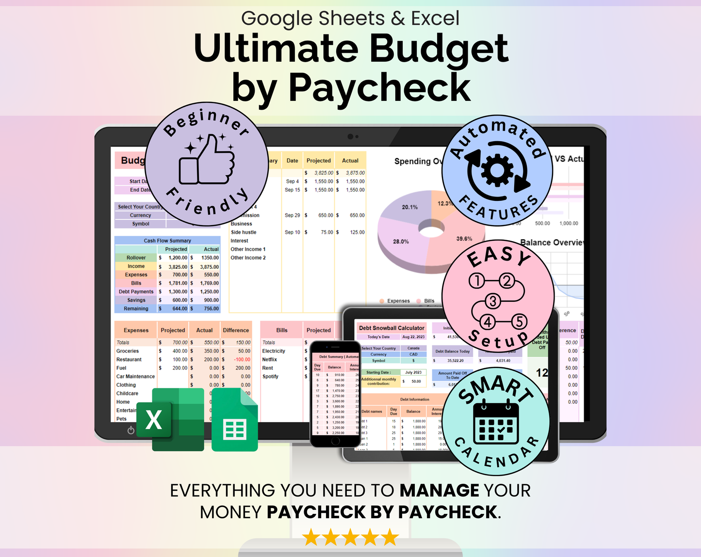 Ultimate Budget by Paycheck Spreadsheet Google Sheets and Excel Template