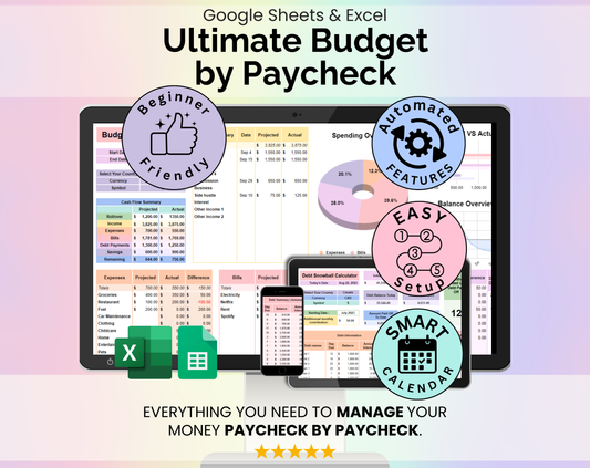Ultimate Budget by Paycheck Spreadsheet Google Sheets and Excel Template