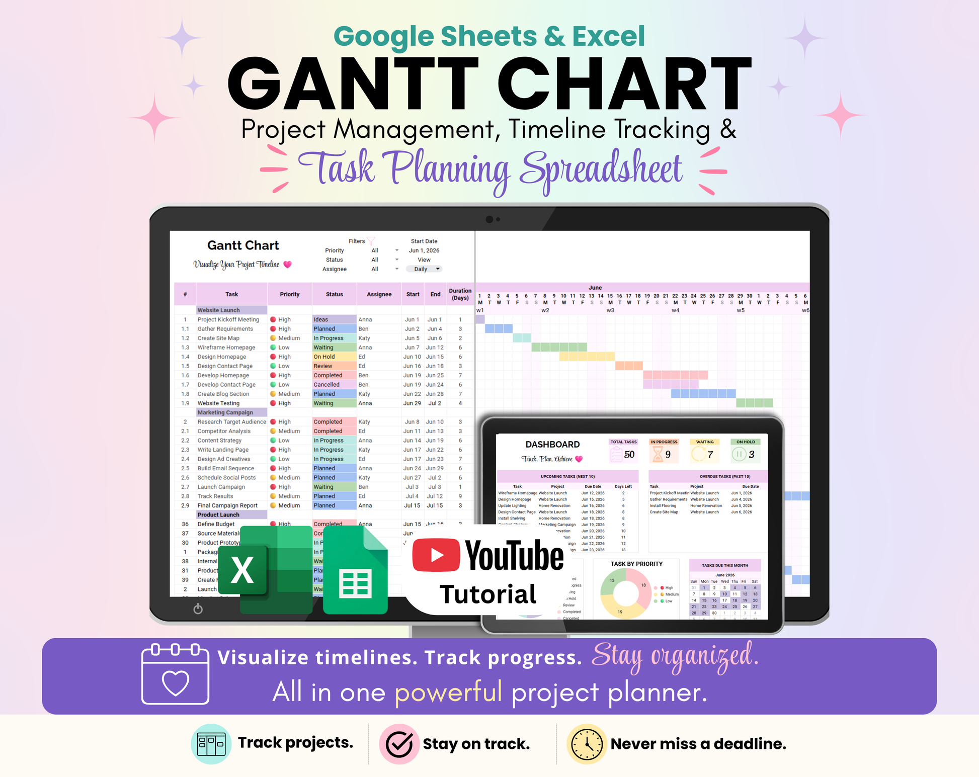 Pastel project management spreadsheet cover featuring a Gantt Chart displayed on a large monitor with Dashboard preview, Google Sheets and Excel compatibility, YouTube tutorial included, project timeline tracking, progress monitoring, and task planning tools.