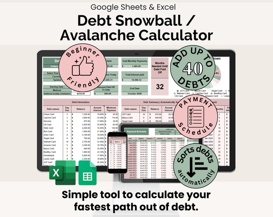 Debt Snowball / Avalanche Calculator Spreadsheet Google Sheets and Excel Template