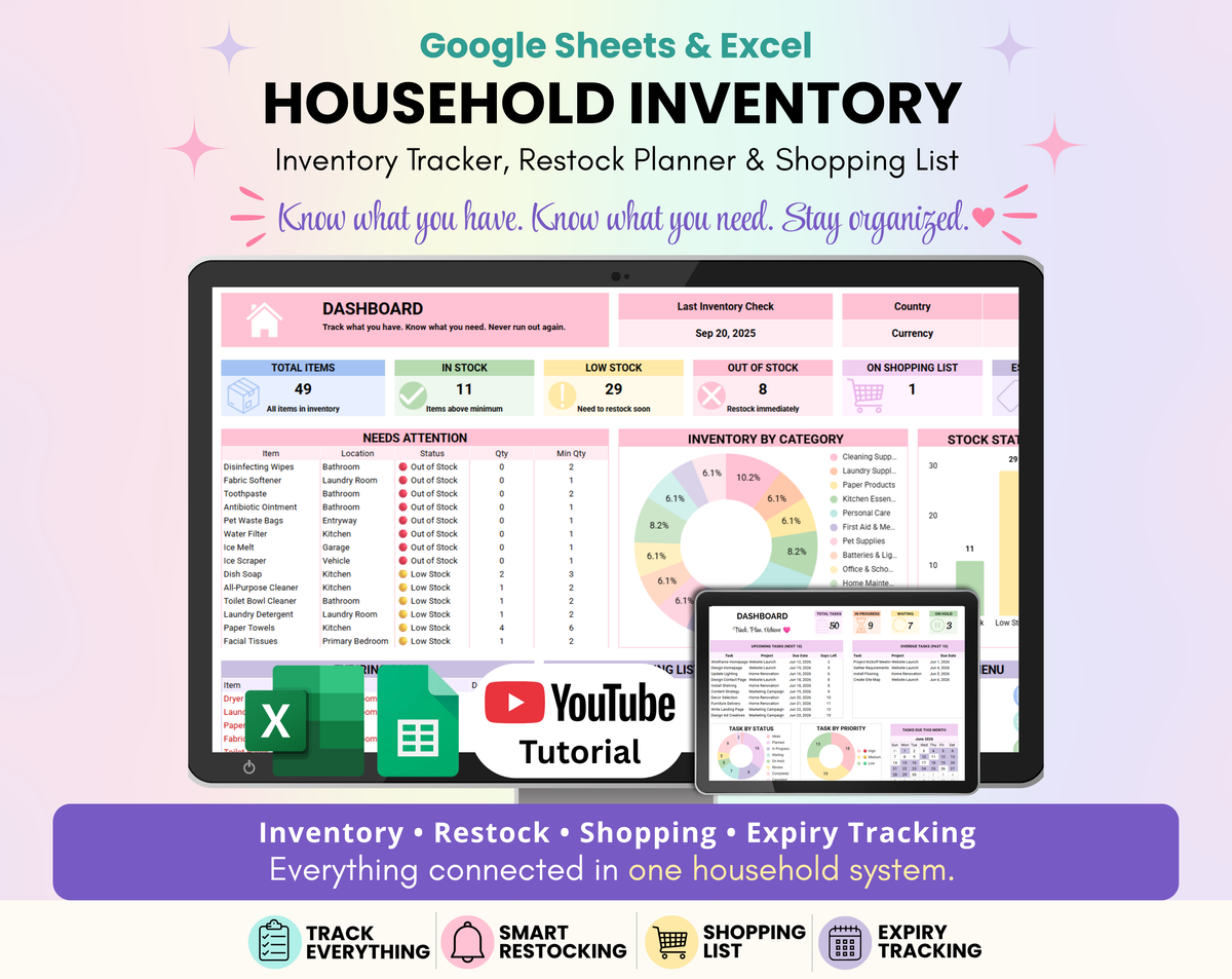 Household Inventory Spreadsheet for Google Sheets and Excel with inventory tracker, restock planner, shopping list and expiry tracking to organize household supplies in one connected system.