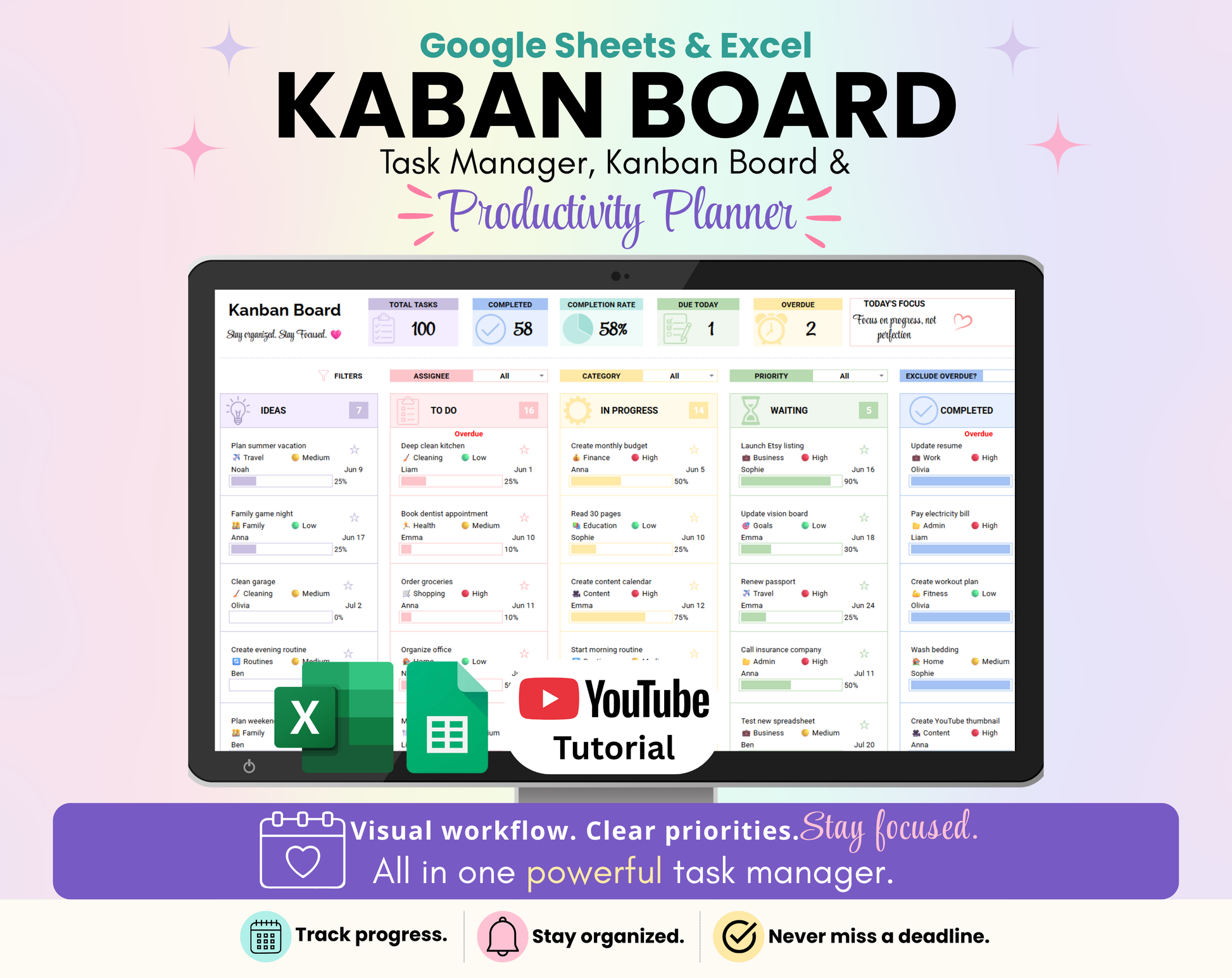 Kanban Board Spreadsheet for Google Sheets and Excel featuring a visual workflow, task management dashboard, and project planning tools. Includes a Kanban Board, Master Task List, Monthly Calendar View, progress tracking, dashboard statistics, customizable categories, task priorities, due dates, assignees, and a full video tutorial. Designed for project management, productivity, organization, goal tracking, and task planning.
