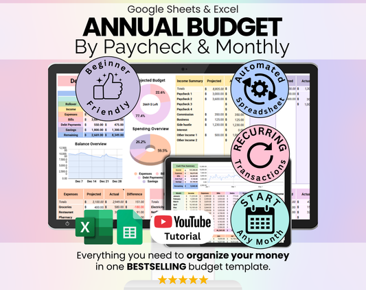 Annual Budget By Paycheck & Monthly Spreadsheet Google Sheets and Excel