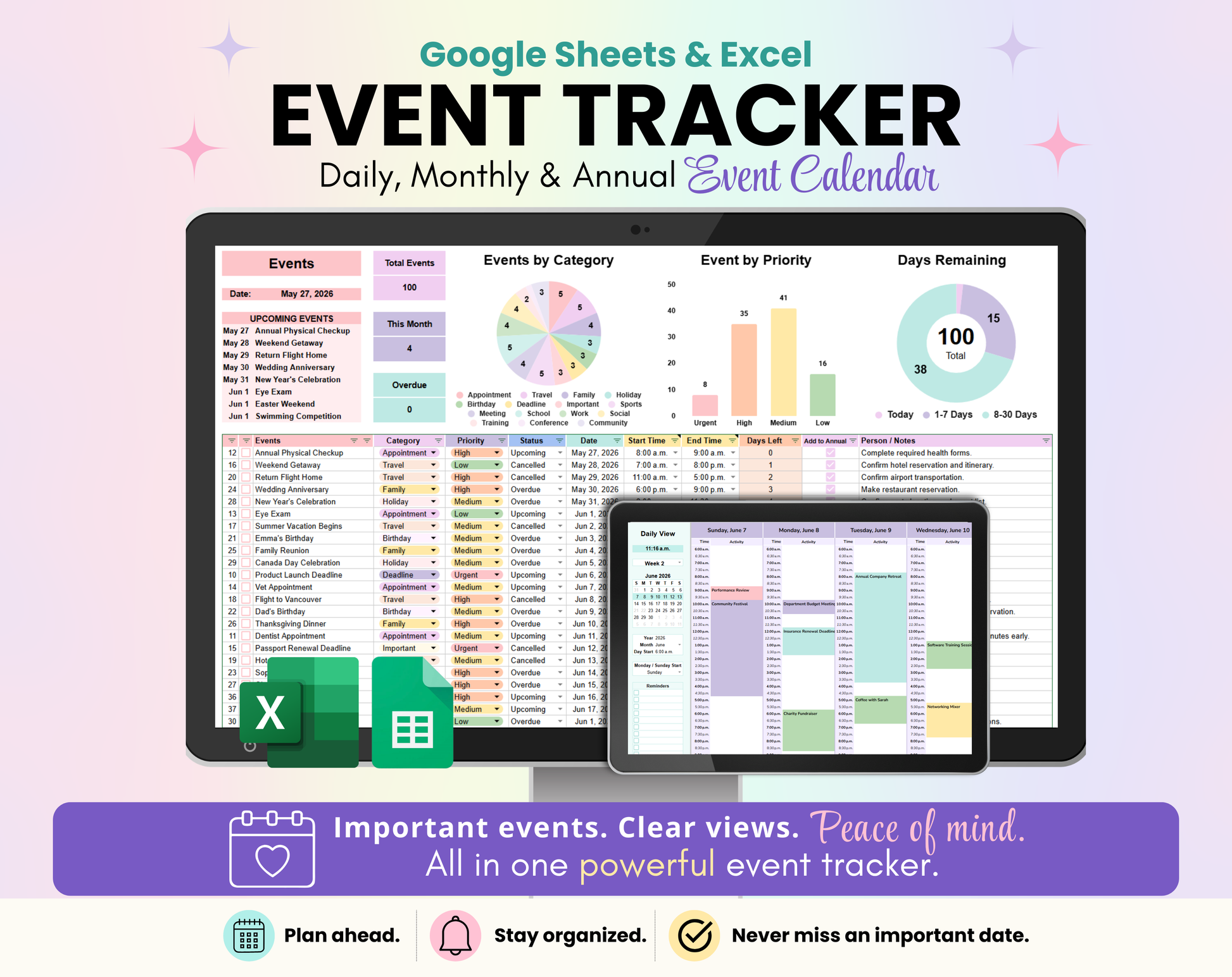 Event Tracker Spreadsheet cover showing the dashboard, daily view and annual view. Includes Daily, Monthly & Annual Event Calendar, beginner-friendly design, automated tabs, track events all year and stay organized features.