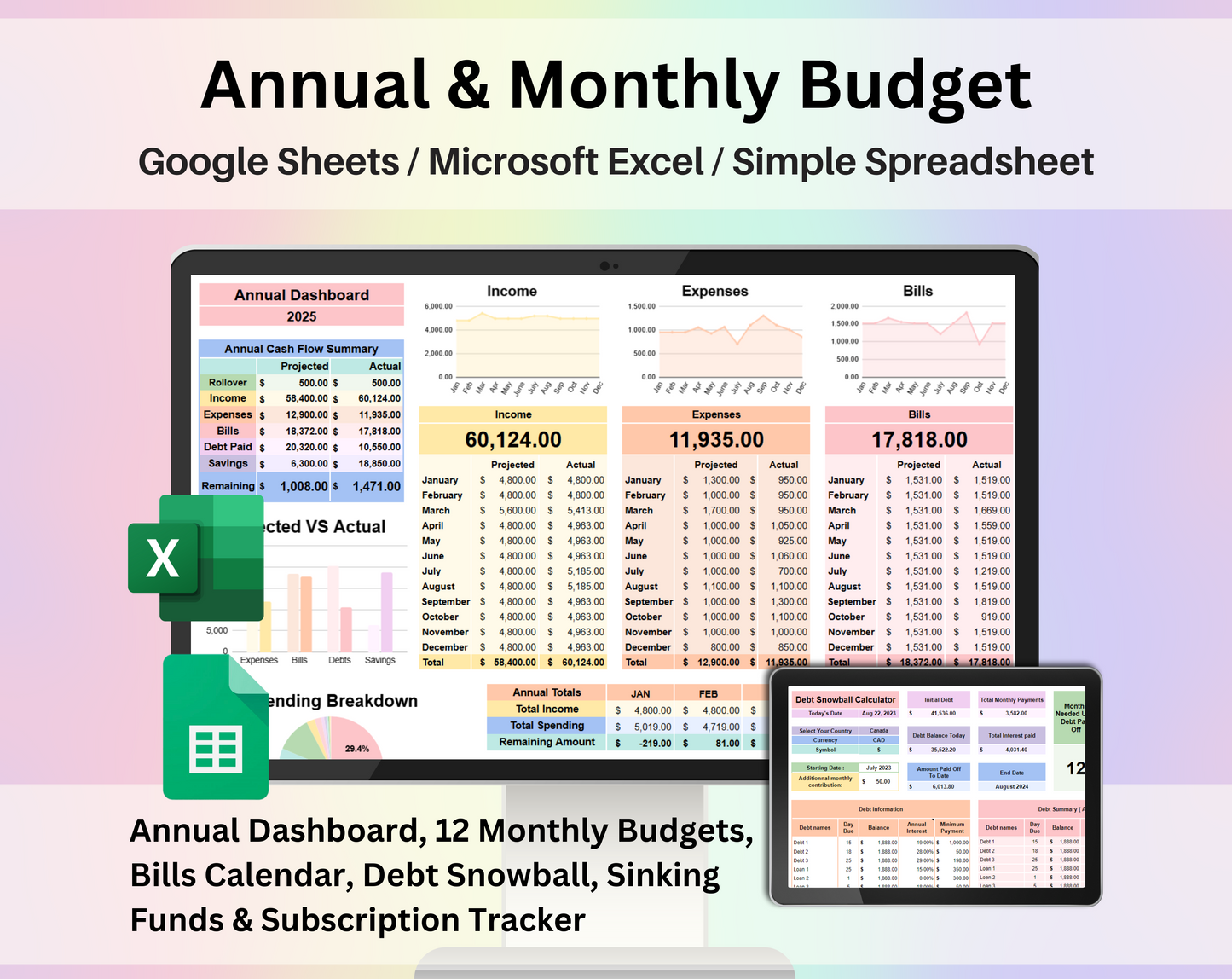 Annual & Monthly Budget Spreadsheet - Google Sheets & Excel Template for Personal Finance