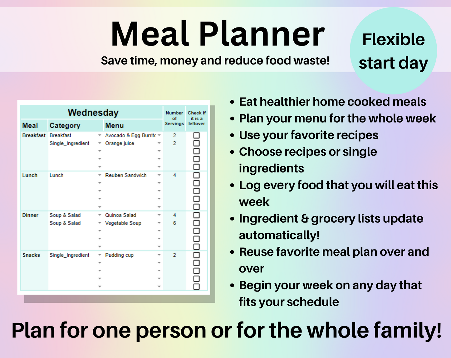 Weekly Meal Planner Spreadsheet Google Sheets and Excel Template